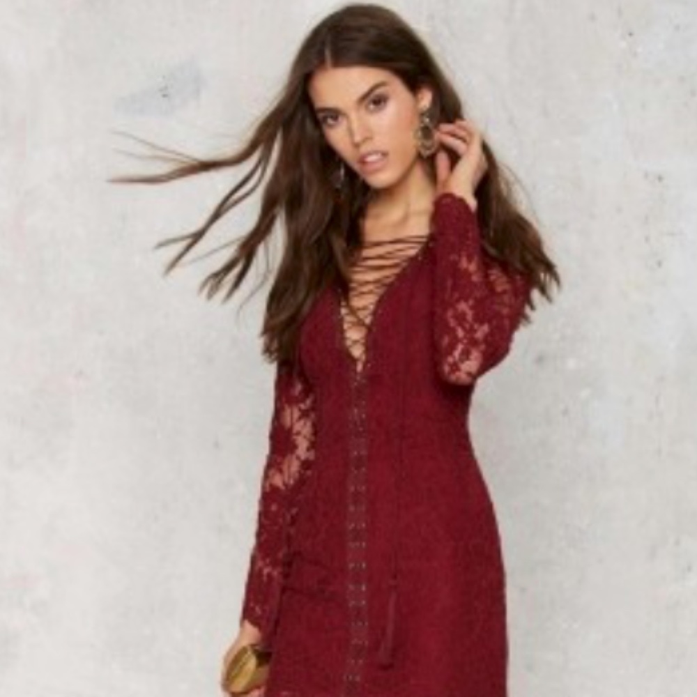 Nasty Gal The Jetset Diaries Maroon Lace Long Sleeve Dress